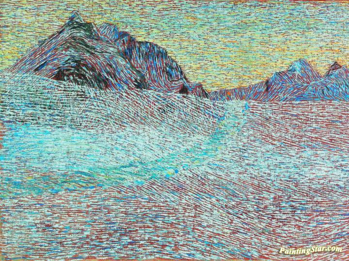 Mountain Landscape (1898), with dark mountain peaks and turquoise, gold, and red textured strokes.